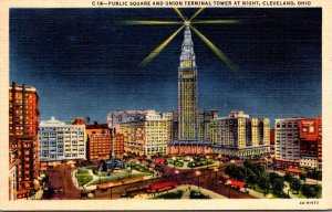 Ohio Cleveland Public Square and Union Terminal Tower At Night 1950 Curteich