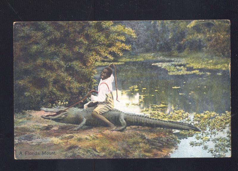 BLACK AMERICANA A FLORIDA MOUNT NEGRO BOY ON ALLIGATOR VINTAGE POSTCARD 1908