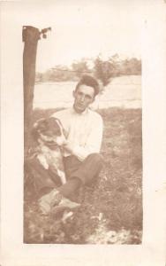 D81/ Dog Pet Animal RPPC Postcard c1920 Man With Dog Fence Farm 19