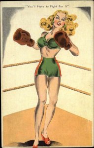 Pinup Blonde Bombshell Boxing Fight for It Kropp Girl Series Linen Postcard