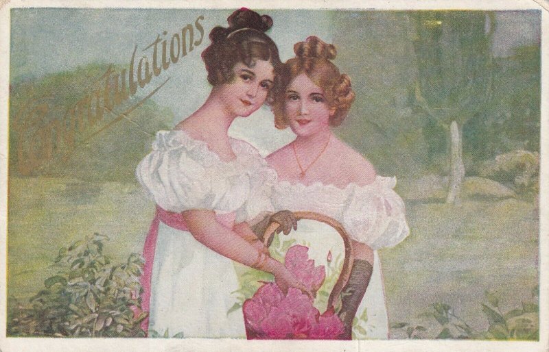 CONGRATULATIONS, 1910-20s; Two Young ladies dressed in white dresses