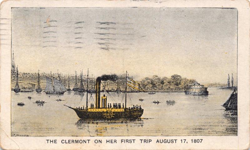 ROBERT FULTONS STEAMER CLERMONT ON HER FIRST TRIP IN 1807 POSTCARD 