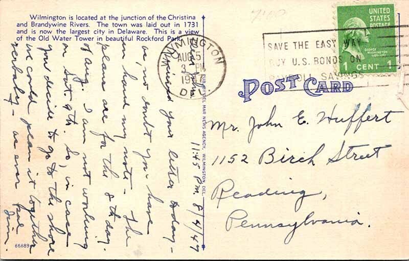 Postcard TOWER SCENE Wilmington Delaware DE AO4317