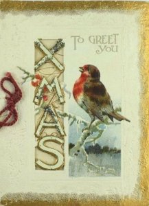 1880's-90's Victorian Christmas Card Colorful Bird Snow XMAS Fab! P84