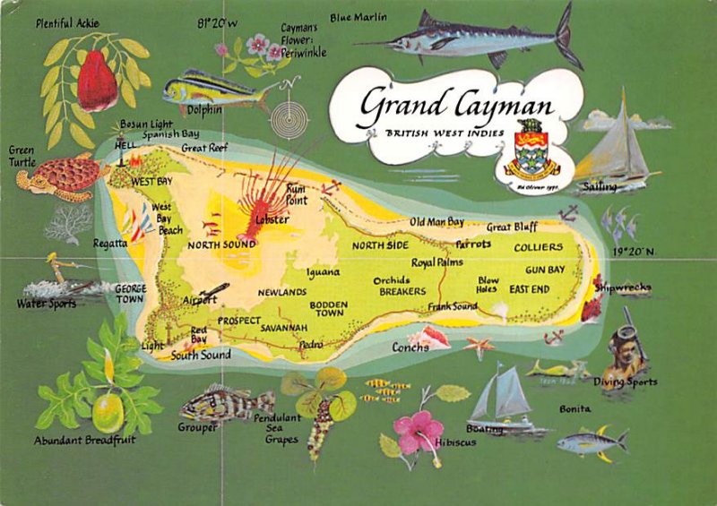 Grand Cayman Islands Post card Old Vintage Antique Postcard Grand Cayman Map ...