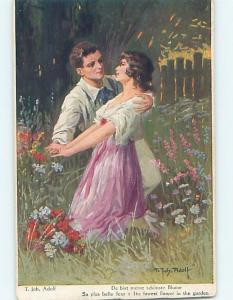 Pre-Linen foreign signed T. JOH. ADOLF -GIRL WITH GUY IN FLOWER GARDEN HL4443