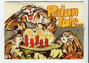 429387 ESTONIA EASTER rabbits eat pie 1996 year RPPC Mini advertising label