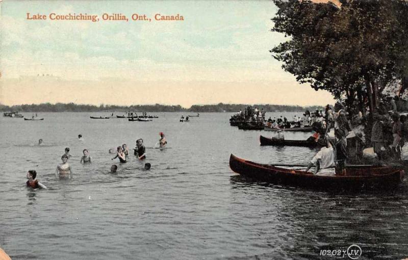 Orillia Ontario Canada Lake Couchiching Canoes Swimming Scene Postcard J79963