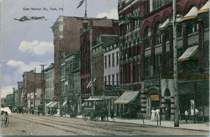 Vtg Postcard 1910 York PA Pennsylvania East Market Street View Lots of Signs