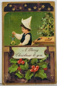 Christmas Child & Puppet Embossed 1909 Newfield to Berne Indiana Postcard J15