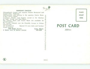 Unused Pre-1980 MANGAM'S CHATEAU RESTAURANT Lyons Illinois IL v7086@