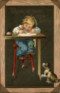 VALENTINE Boy Writes Letter While Dog Looks On CHALKBOARD BORDER c1910
