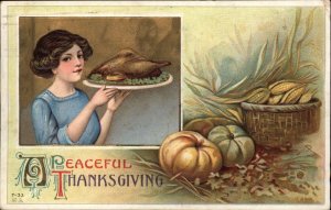 Thanksgiving Woman Serves Turkey Platter c1910 Vintage Postcard