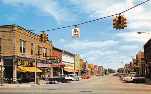 Delta Avenue Rexall Drug Penney Hardware Store Gladstone Michigan 1950s postcard
