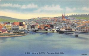 Oil City Pennsylvania~View of City & River from South Side~Bridges~1940s Linen