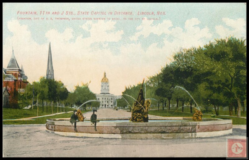 Fountain, 11th and J Sts, State Capitol in Distance, Lincoln, Nebr