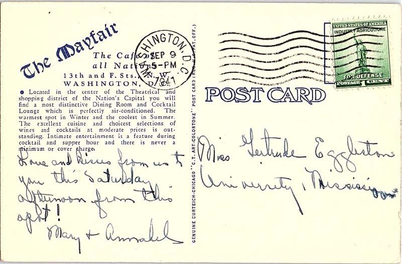 Postcard RESTAURANT SCENE Washington DC AJ2741