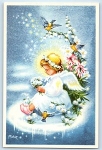 c1910's Christmas Little Angel With Flowers Birds Marie Signed Antique Postcard
