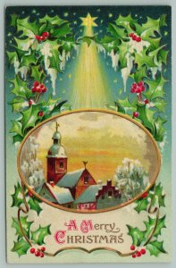 Christmas~Star Of David Shines Down~Town In Oval Window~Icy Holly~Germany~Emboss