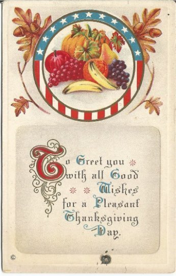 Old Postcard, Bountiful Harvest framed by Circle of Stars and Stripes with Oak