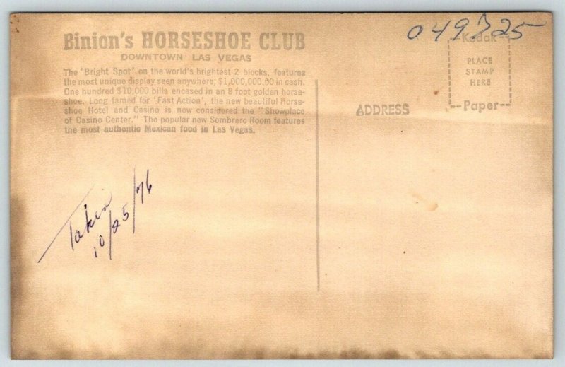 RPPC  Las Vegas Nevada  Binion's  Horseshoe Club  $1,000,000  Postcard