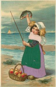 Embossed Postcard; Pretty Little Girl Silk Applique Dress Fishing Catches One