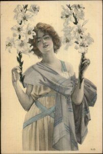 Art Nouveau Beautiful Woman Flowers Dress & Wrap OPF Postcard c1910