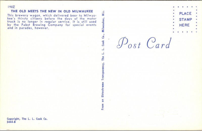 Postcard WI Advert Pabst brewery wagon Old Meets New in Old Milwaukee