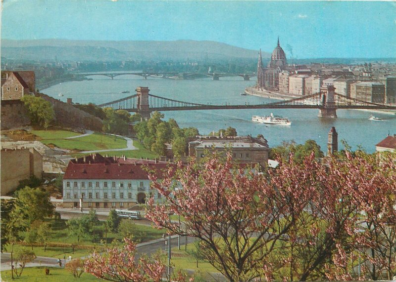 Hungary Budapest bridges view ship sailing Postcard