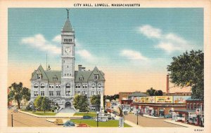 LOWELL, Massachusetts MA    CITY HALL  Street Scene~Civil War Monument  Postcard