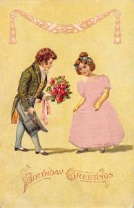 Birthday Greetings Romance Girl Silk Dress Antique Postcard J68776