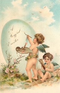 Embossed Easter Postcard Cherubs Paint Sky Blue Egg PFB 5777