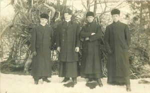 Catholic Religion C-1910 Four Priests Fur Caps RPPC Photo Postcard 20-4767