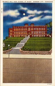 Science Hill High School Night Johnson City Tennessee Linen Postcard VTG UNP 