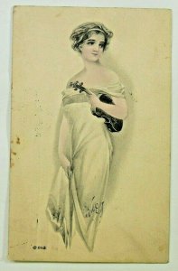 Woman w/Violin H.A. Weiss Picture c.1913 Postcard