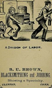 SU Brown Blacksmith Jobbing Horseshoe Clinton CT 'Division of Labor' 1880s