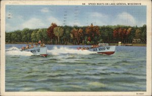 Lake Geneva Wis WI Speed Boats GAR Wood 40 Linen Vintage Postcard