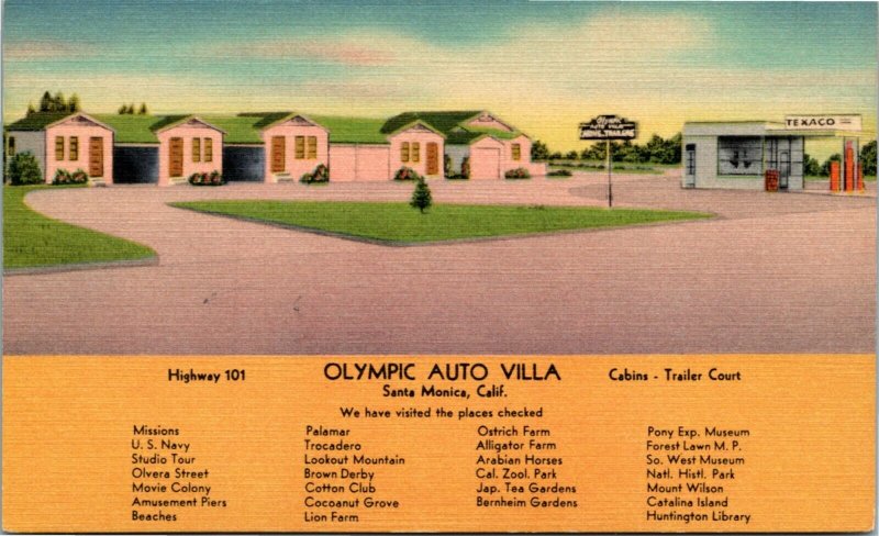 Postcard CA Santa Monica Olympic Auto Villa Hwy 101 Texaco Gas Station 1940s L14