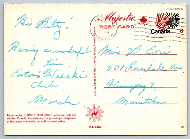 Room Service Via Cycle & Scooter, Jasper Park Lodge, Alberta, 1971 Postcard