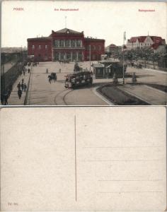 RARE ANTIQUE GERMAN POSTCARD POSEN POZNAN POLAND TROLLEY STATION RAILROAD DEPOT