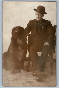 c1910's Man With Dog Studio RPPC Photo Unposted Antique Postcard