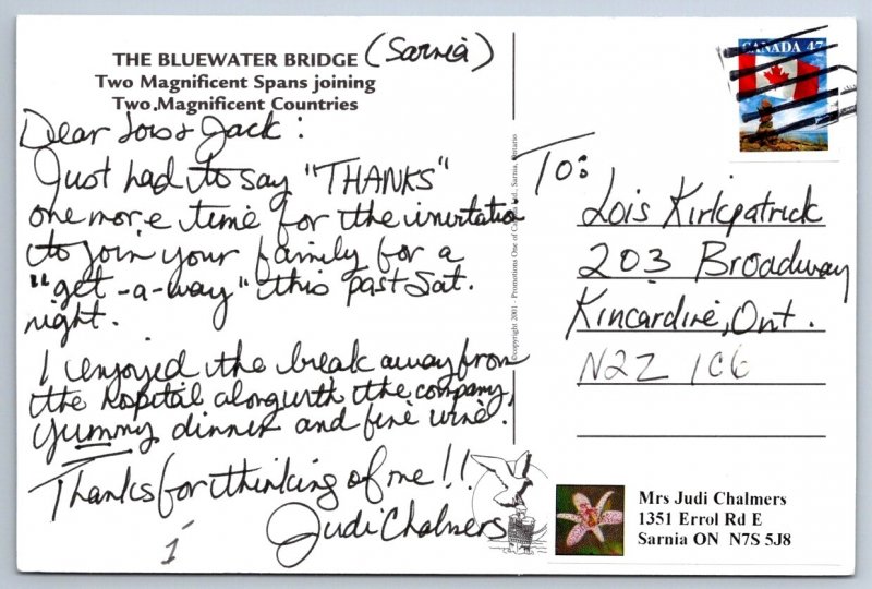 Bluewater Bridge, St Clair River, Sarnia Ontario, 2001 Information Postcard