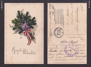 WWI Feldpost Christmas postcard 1915 floral bouquet red white ribbon Germany