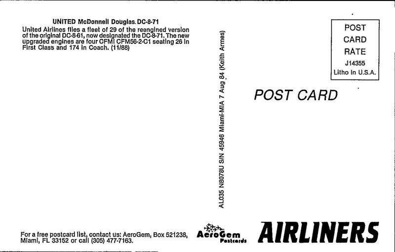 PostcardUnited AirlinesMcDonnell Douglas DC871VintageA55 United States Washington DC
