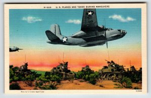 US Planes And Tanks Maneuvers Military Postcard Wartime Airplanes Linen Unused
