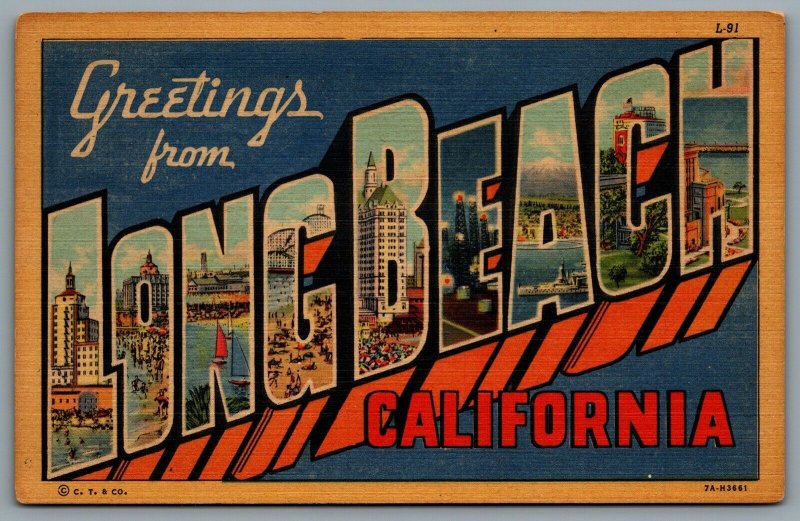 Postcard Long Beach CA c1937 Greetings From Long Beach Large Letter Multi Views