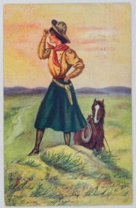 Woman in Yellow Top and Red Scarf Looks Out Across the Land - Vintage Postcard