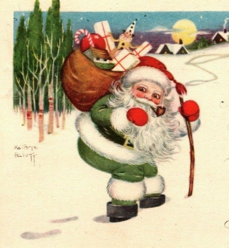 c 1910 Green Coat Santa St Nick Smoking Pipe Kathryn Eilliott Signed Postcard