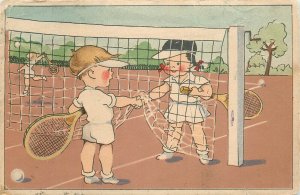 Cute drawn children couple caricature tennis fairplay 1940s Hungary postcard