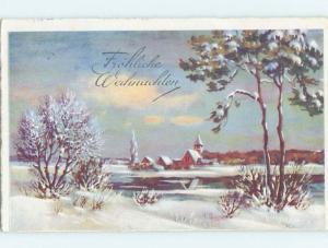 1932 Christmas foreign CHURCH ENTRIES BY RIVER IN WINTER SCENE HL8773